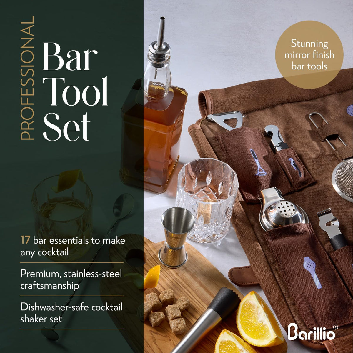 Barillio compartmentalized bar bag keeps tools organized during setup.