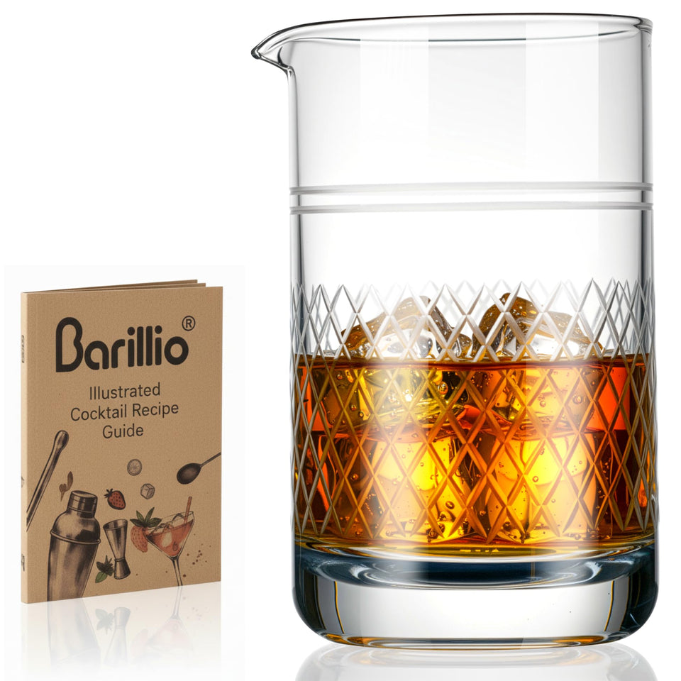 Barillio crystal mixing glass 20oz with diamond-etched finish for clear, well-mixed cocktails.