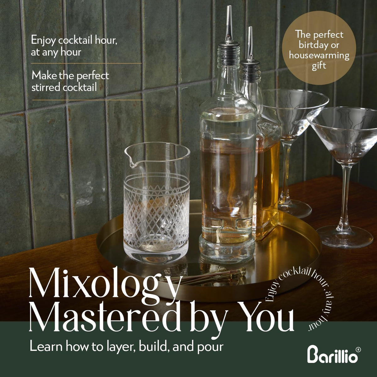Barillio etched grip pattern enhances control while aerating silky cocktails.