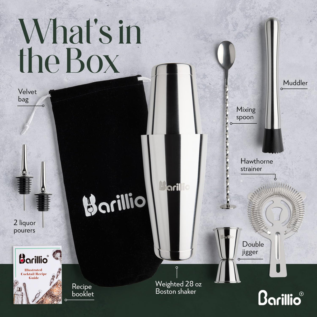 Barillio stainless steel bartender accessories for durable rustproof use.
