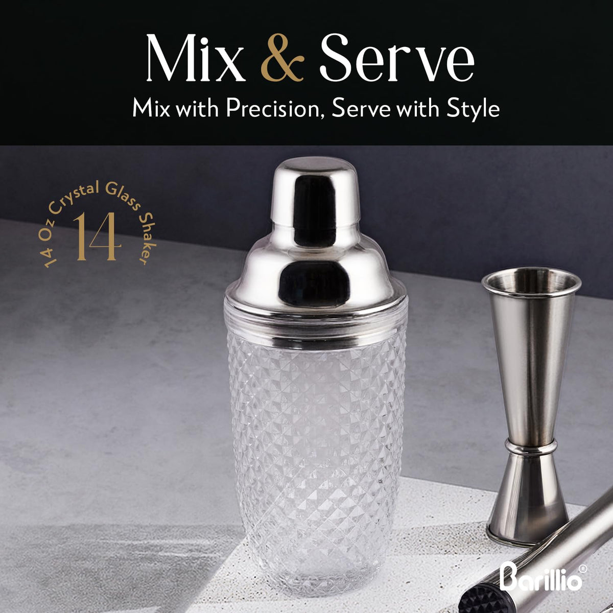 Barillio travel-ready slim glass shaker ideal for picnics and small spaces.