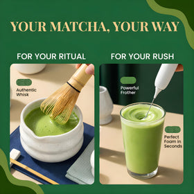 Barista Emperor Matcha Whisk Set electric frother creating cafe-style froth quickly.