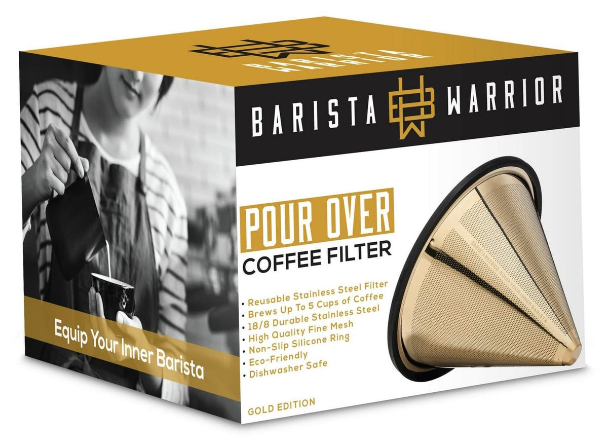 Barista Warrior dual-filtration mesh visible inside the cone.