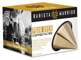 Barista Warrior dual-filtration mesh visible inside the cone.