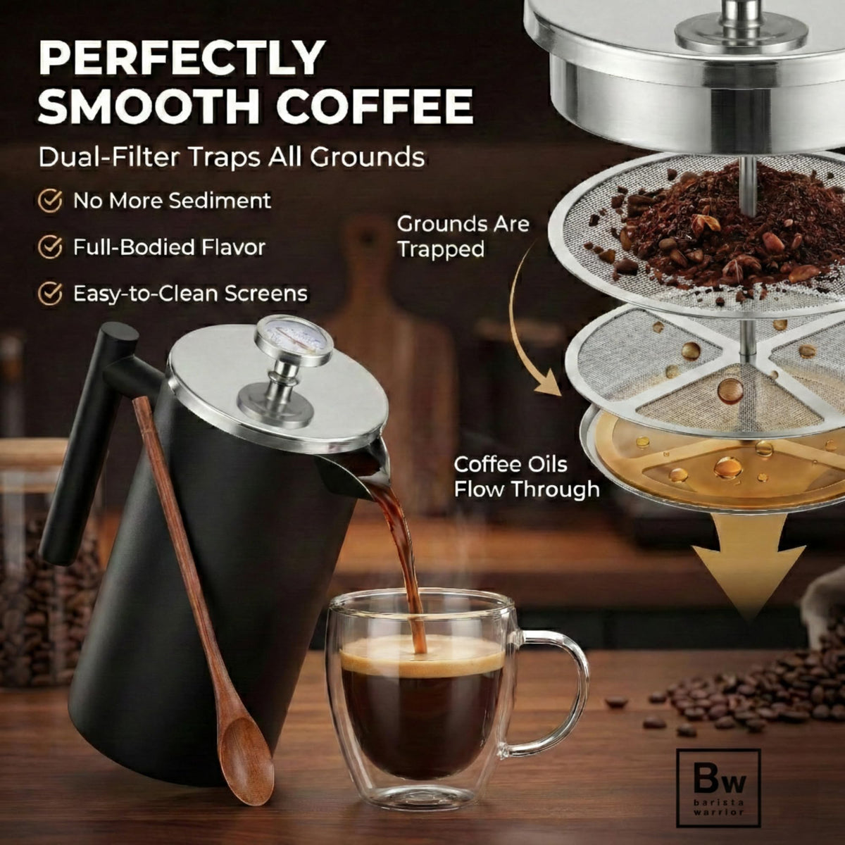 Barista Warrior dual-screen system yields a cleaner, fuller cup by filtering grounds