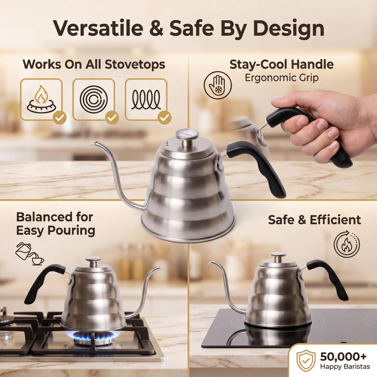 Barista Warrior ergonomic handle provides comfortable grip during long pours.