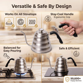 Barista Warrior ergonomic handle provides comfortable grip during long pours.