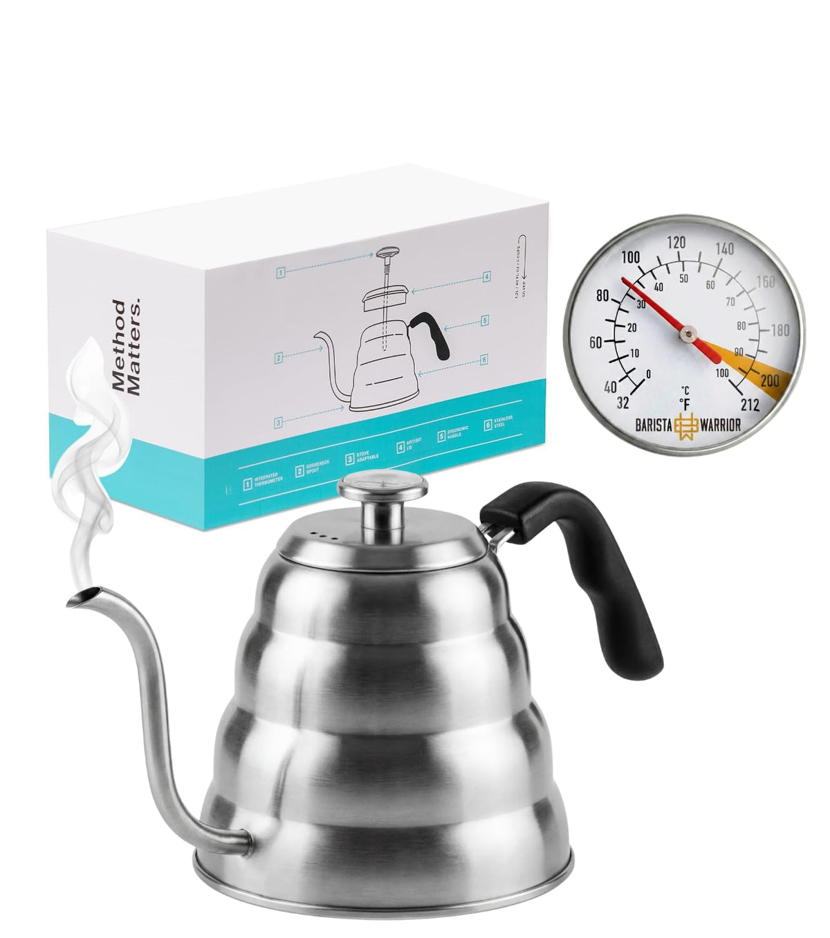 Barista Warrior gooseneck kettle with thermometer for precise pour-over control, 1.2L.