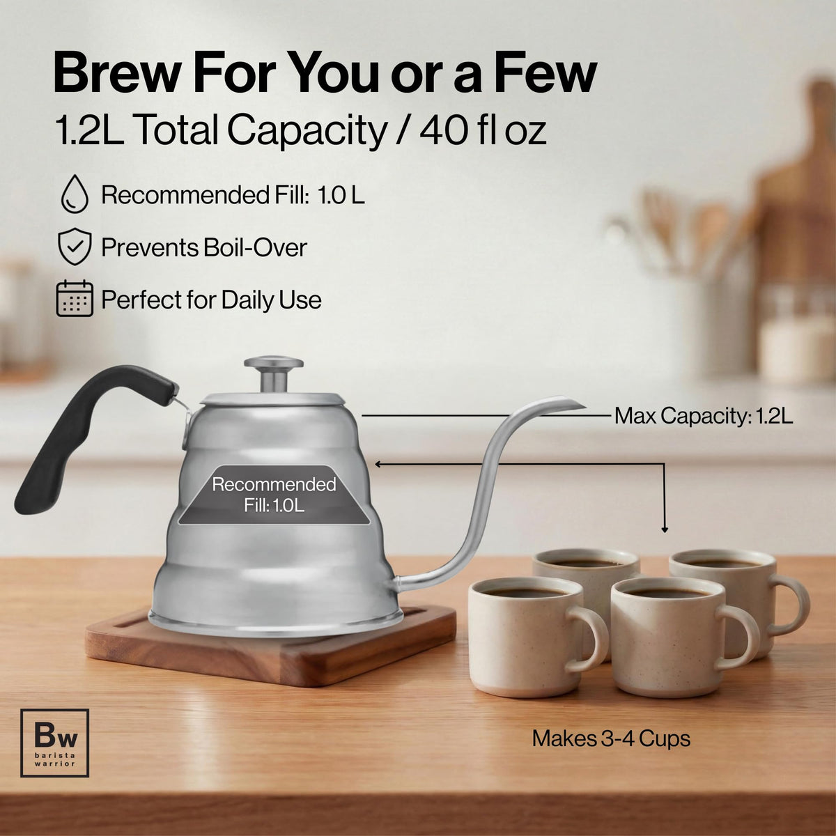 Barista Warrior pour-over kettle with precise spout for even extraction.