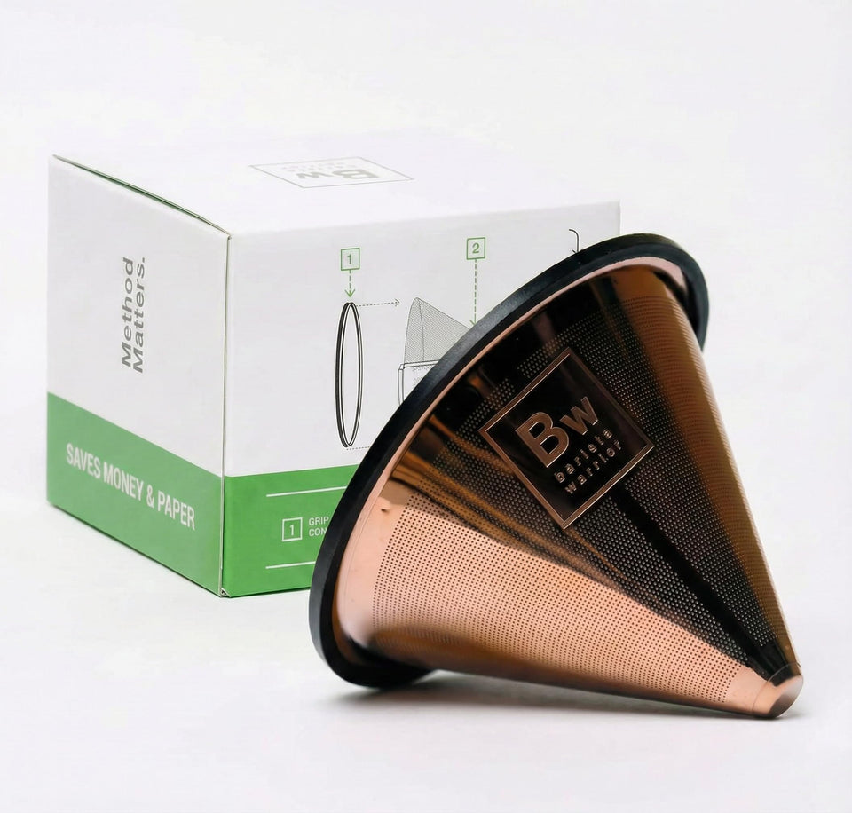 Barista Warrior reusable copper filter exterior for durable pour-over brewing