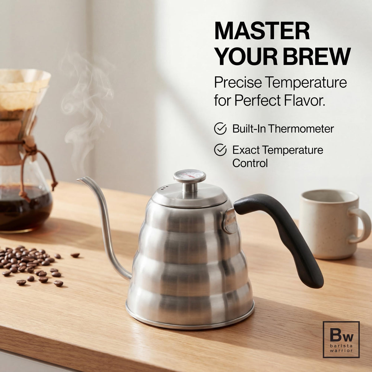 Barista Warrior stainless steel gooseneck kettle with thermometer for even heat on all stoves.