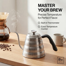 Barista Warrior stainless steel gooseneck kettle with thermometer for even heat on all stoves.
