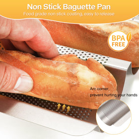 Barlket baguette pan perforations close up highlighting crispy crust potential