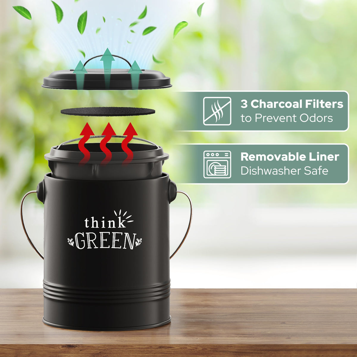 Barnyard Designs 1.2-gallon compost bin inner bucket removable for easy cleaning.