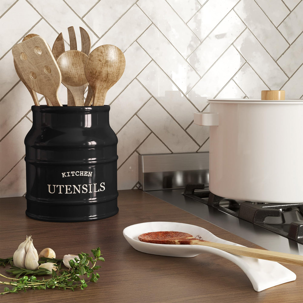 Food-safe ceramic utensil holder requires hand washing to preserve finish