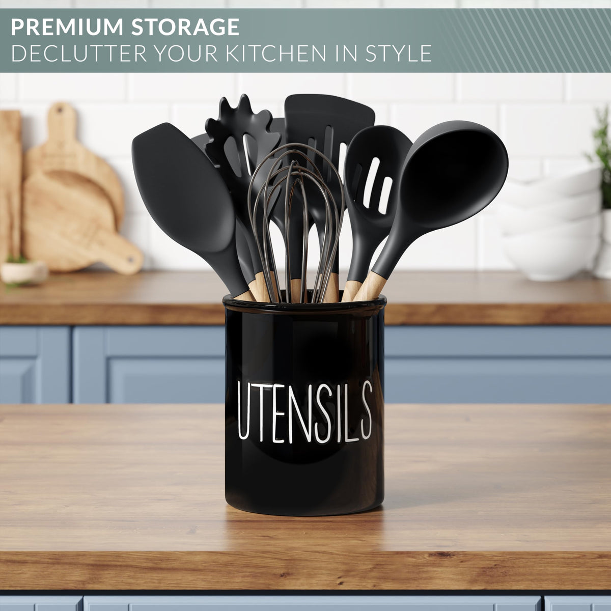 Black Barnyard Designs utensil holder complements rustic kitchens while keeping tools organized.