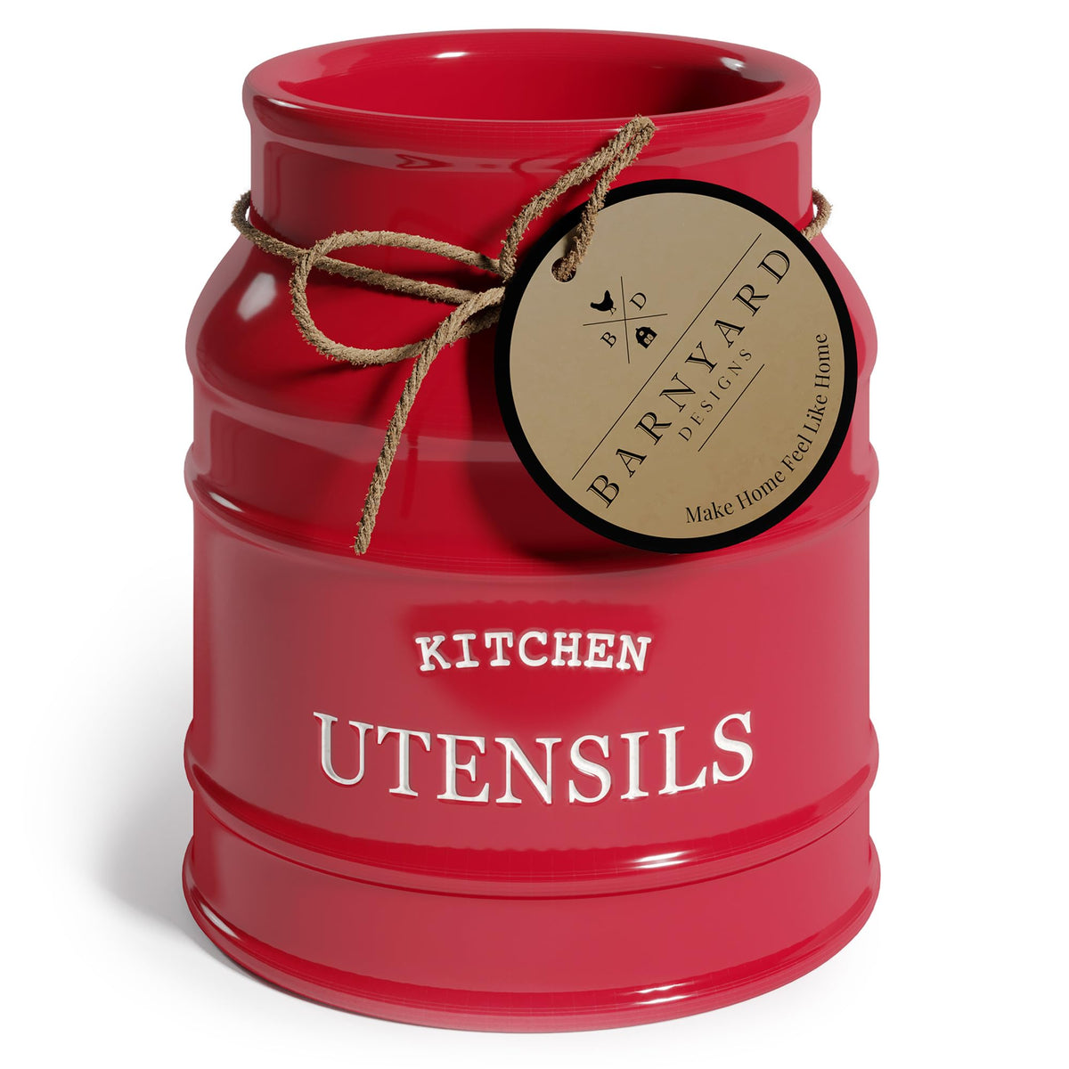 Barnyard Designs ceramic farmhouse utensil holder on a counter for easy access.