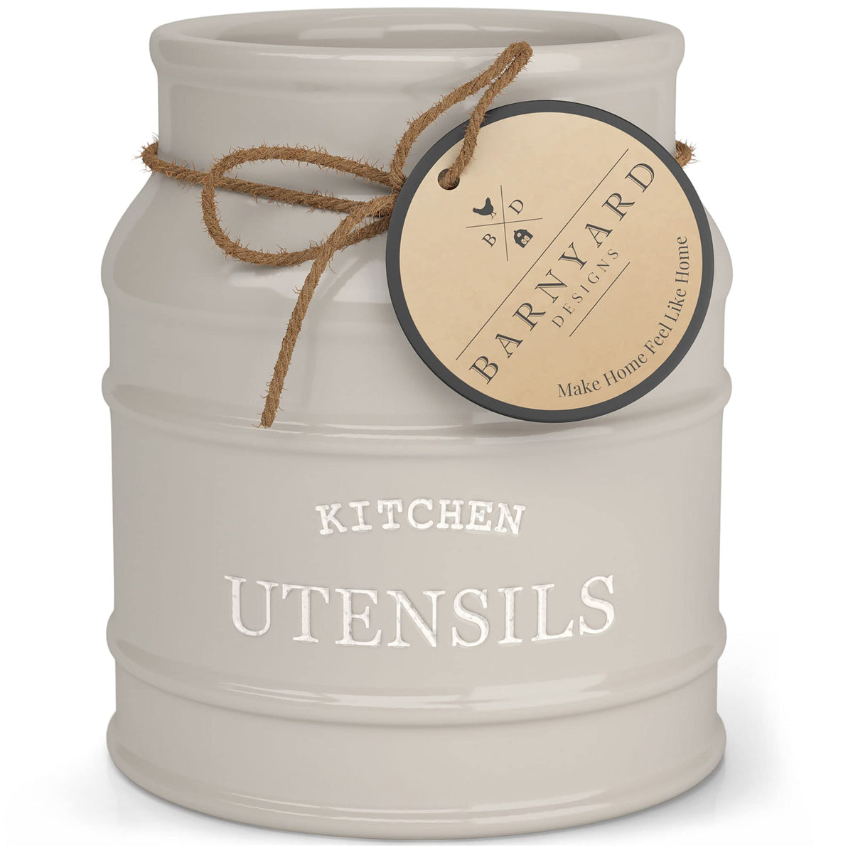 Barnyard Designs ceramic utensil holder on counter keeps spoons neatly organized.