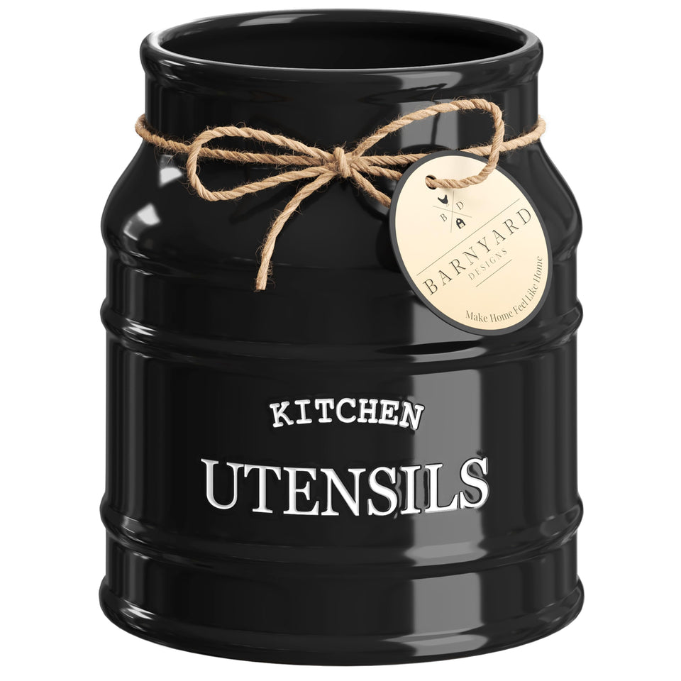 Barnyard Designs ceramic utensil holder in black on a clean countertop for easy access