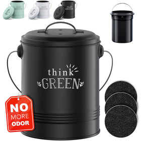 Barnyard Designs compost bin on kitchen counter with lid for odor control.