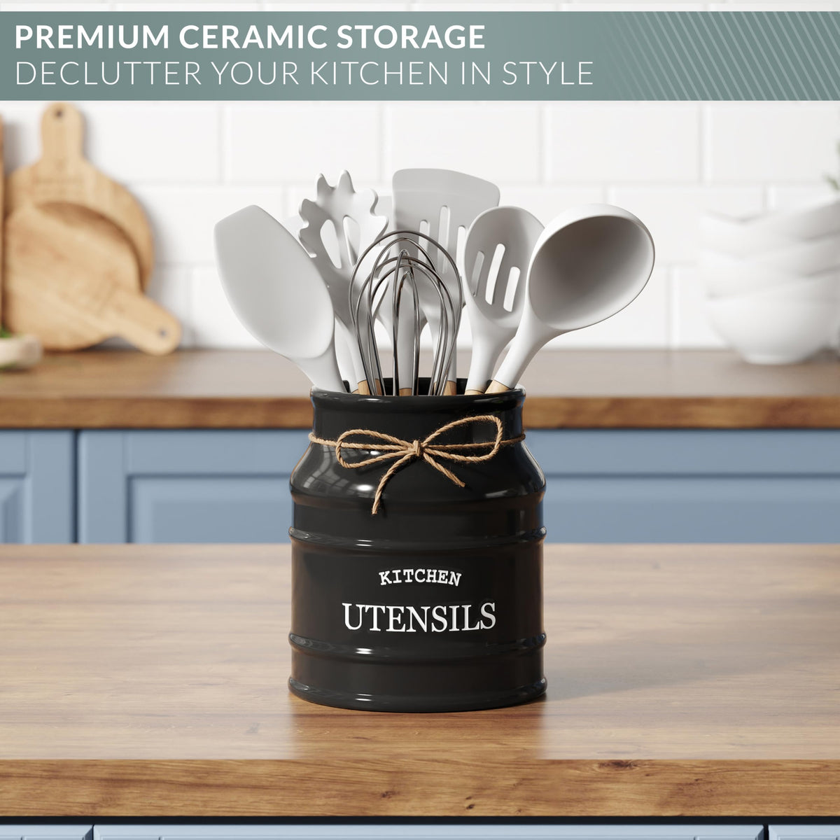 Countertop utensil organizer neatly holds spoons and spatulas on the counter