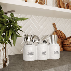 Three-compartment cutlery organizer fits most counters and keeps utensils within reach.