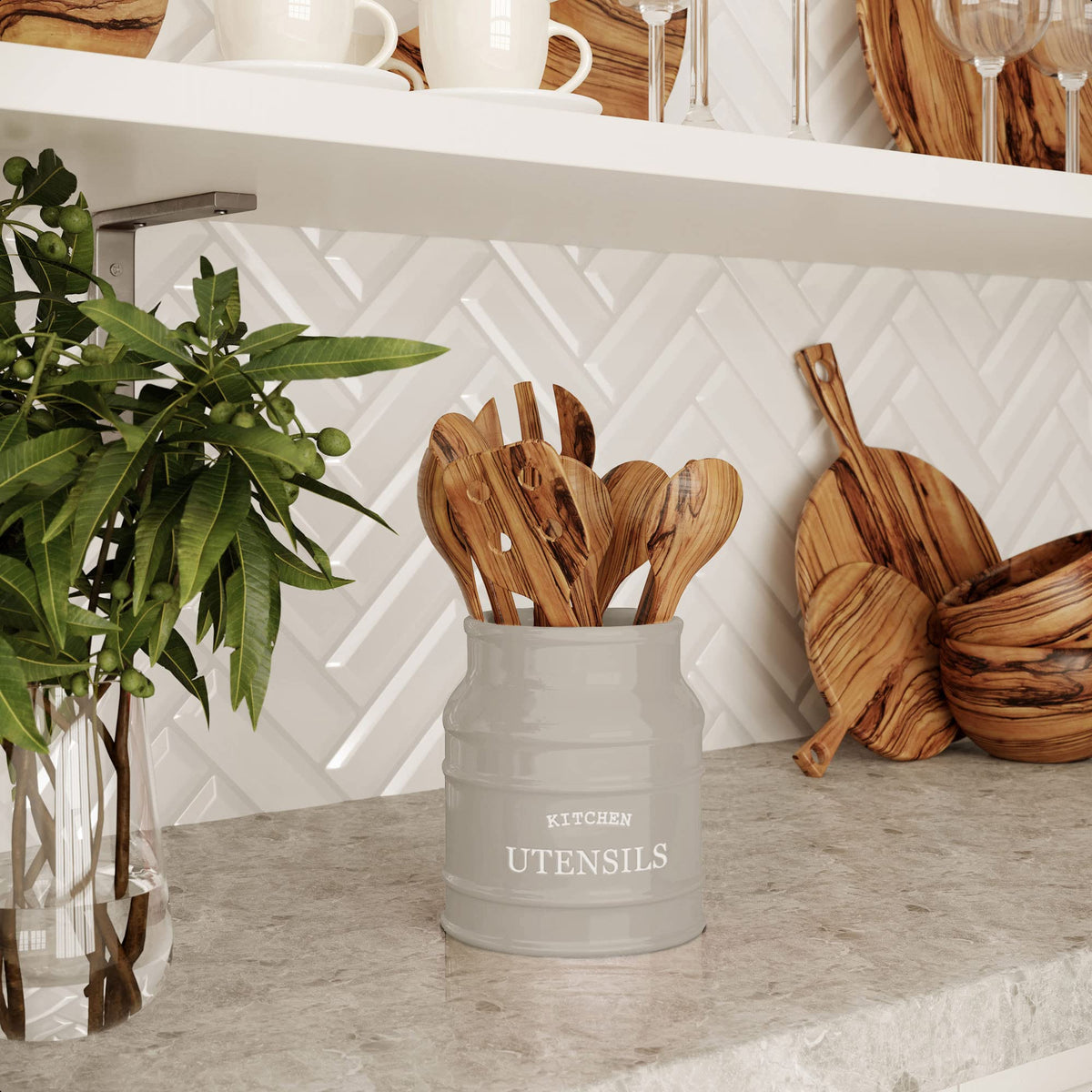 Barnyard Designs decorative storage solution keeps utensils within reach.