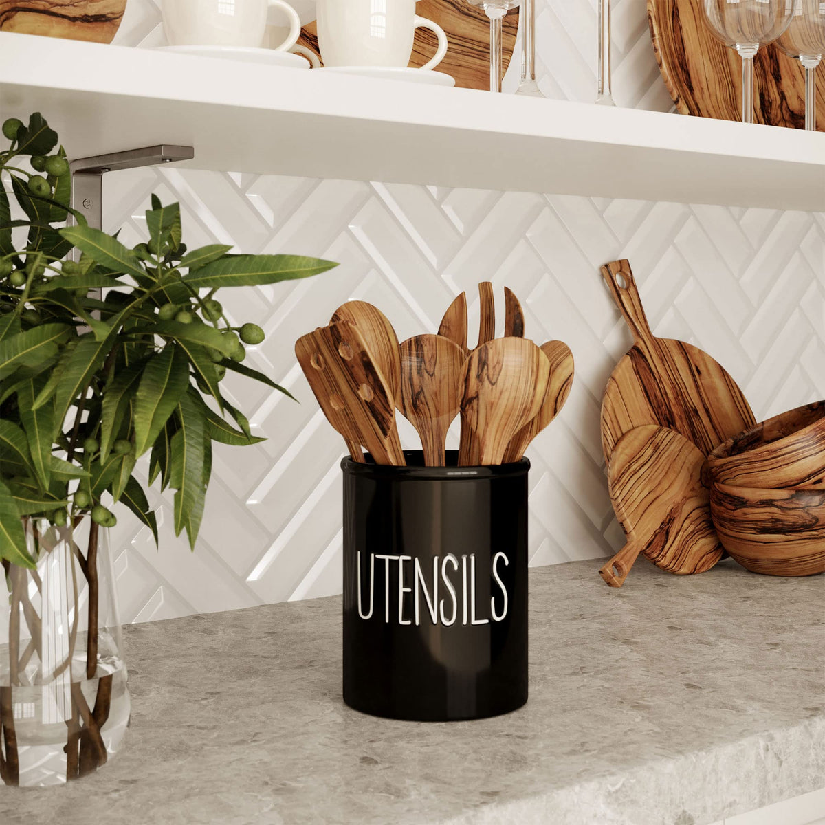 Barnyard Designs farmhouse utensil crock adds decorative charm to your kitchen.