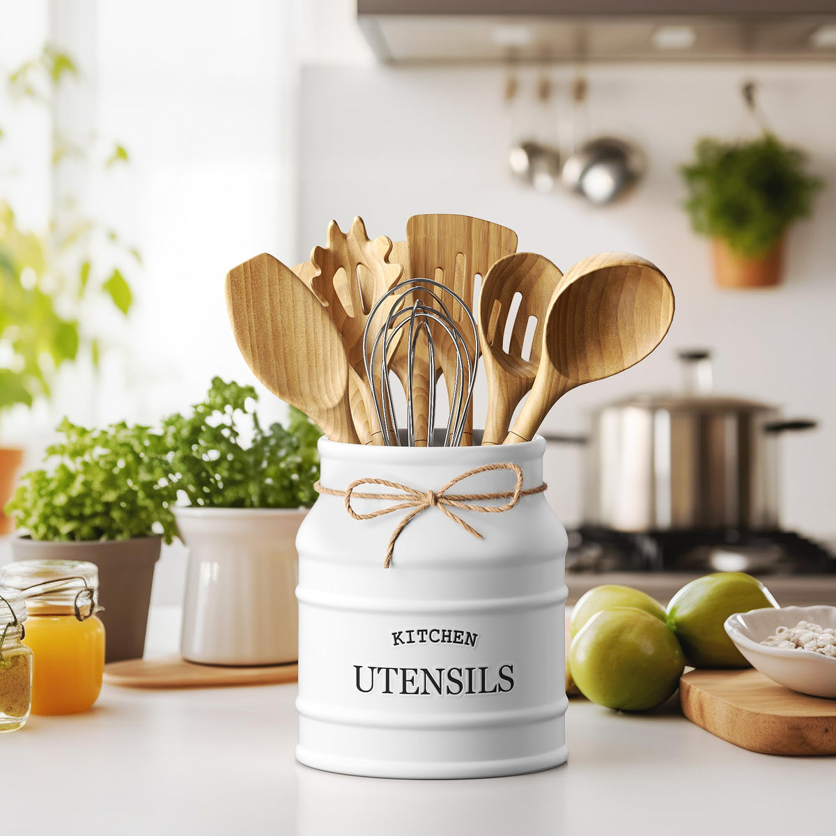 Barnyard Designs utensil crock side view shows wide top opening for access