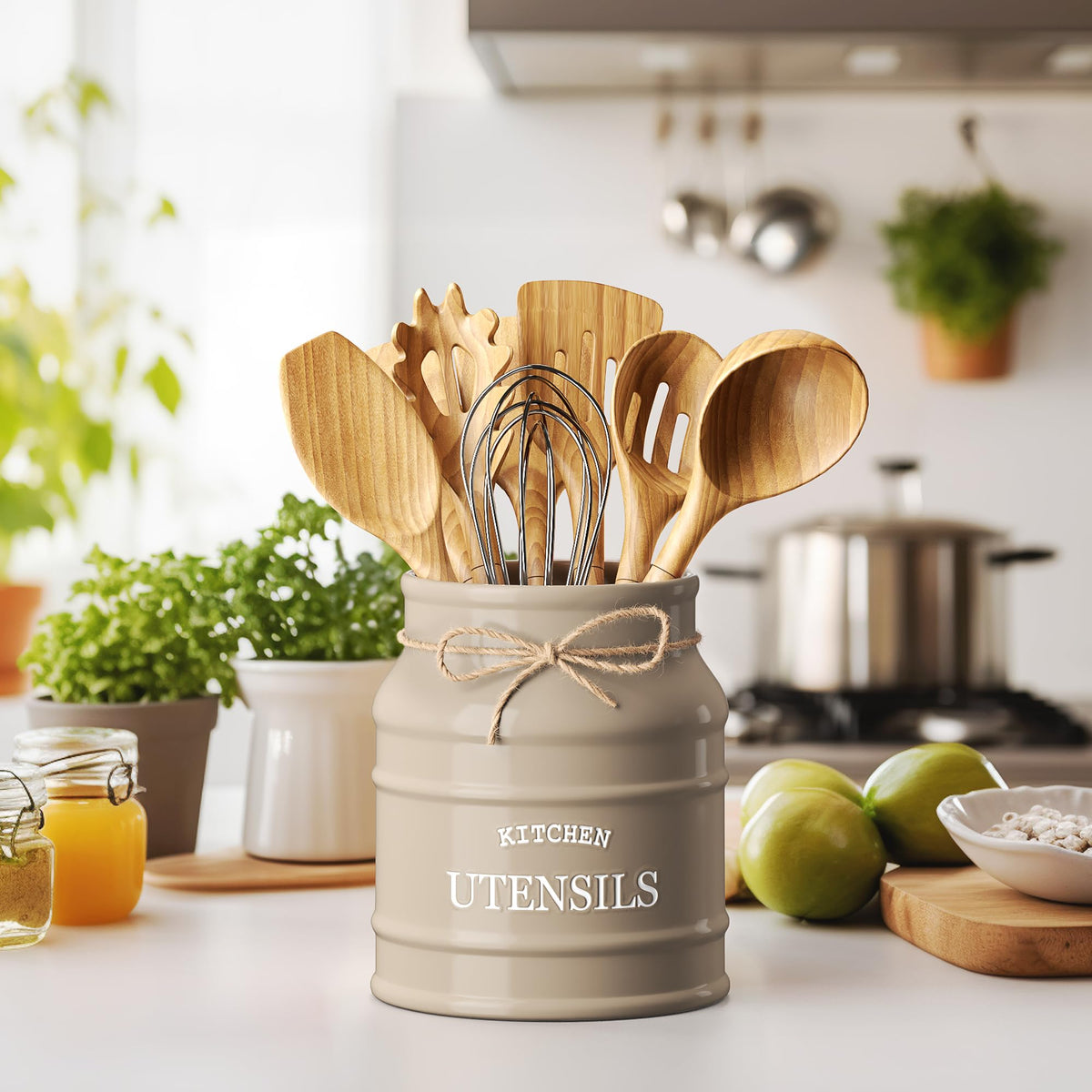 Barnyard Designs farmhouse utensil crock adds rustic charm to kitchen.