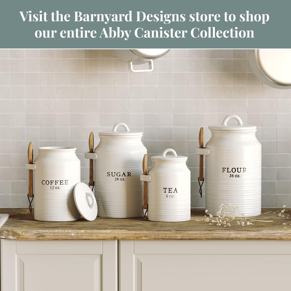 Barnyard Designs kitchen storage on countertop keeps essentials within reach.