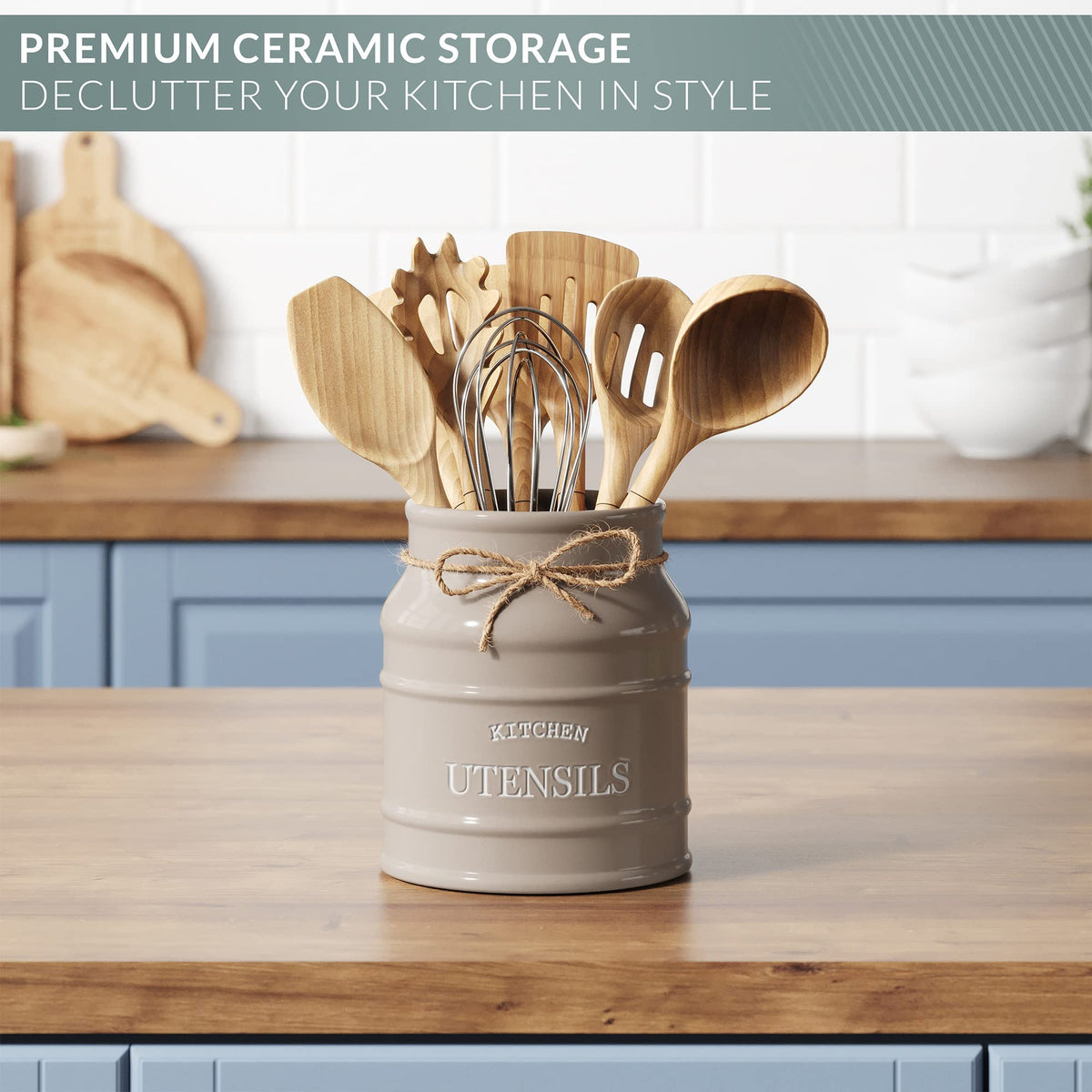 Barnyard Designs large countertop utensil crock holds whisks and spatulas.