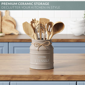 Barnyard Designs large countertop utensil crock holds whisks and spatulas.