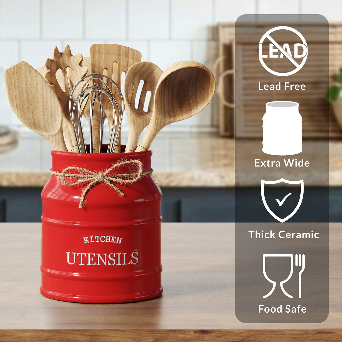 Barnyard Designs large rustic utensil organizer displaying spoons and whisks.