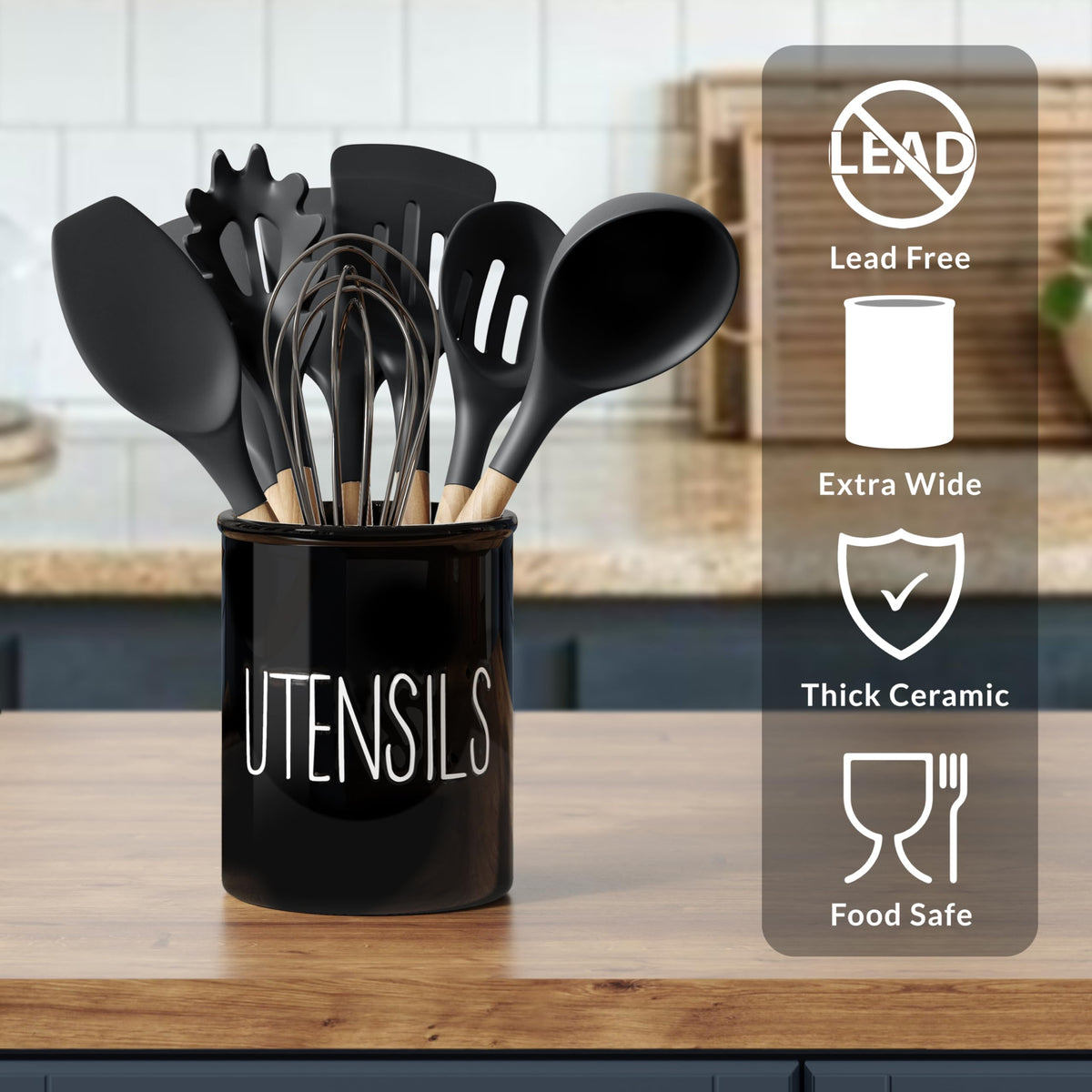 Porcelain-like finish gives a rustic farmhouse vibe to Barnyard Designs utensil holder.