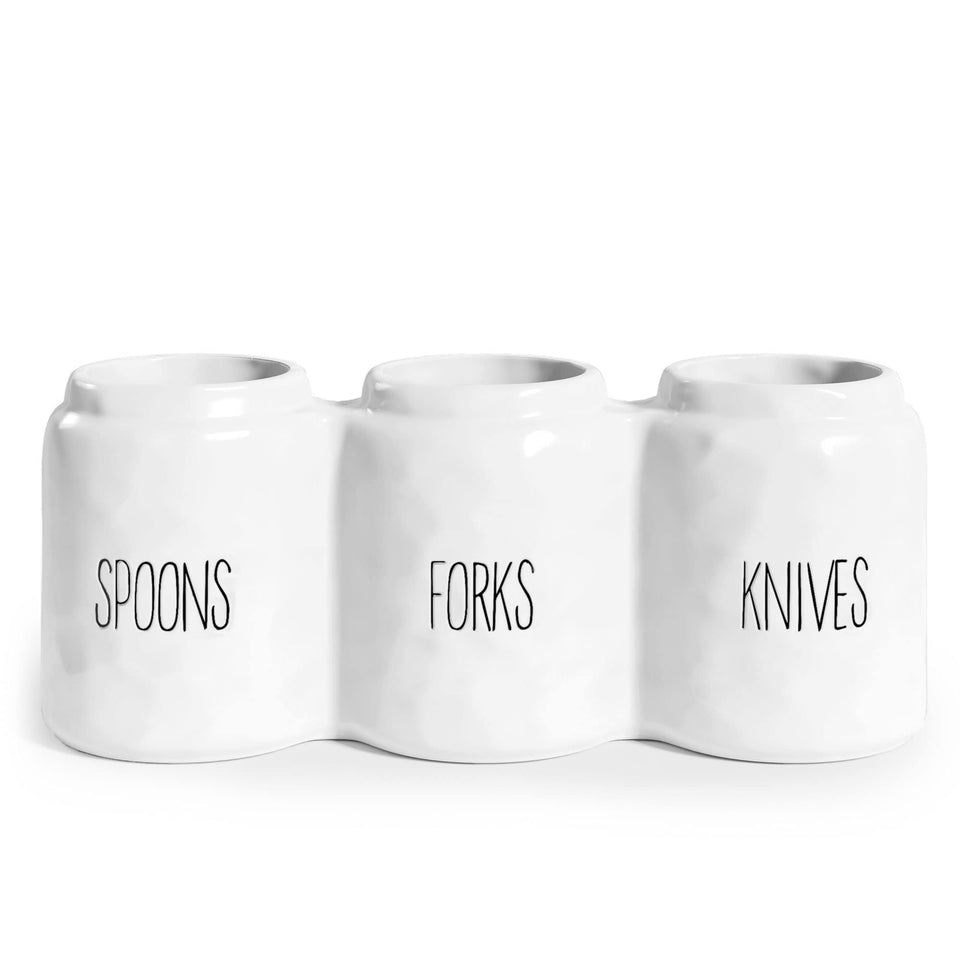 Barnyard Designs silverware caddy on countertop with three compartments for spoons, forks, and knives.