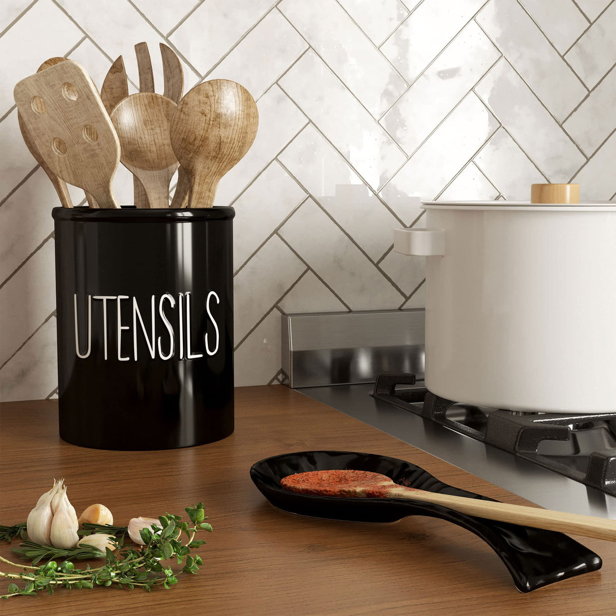Durable ceramic stone construction by Barnyard Designs supports daily kitchen use.