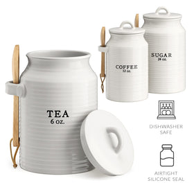 Barnyard Designs sugar canister with silicone-sealed lid to keep contents dry.