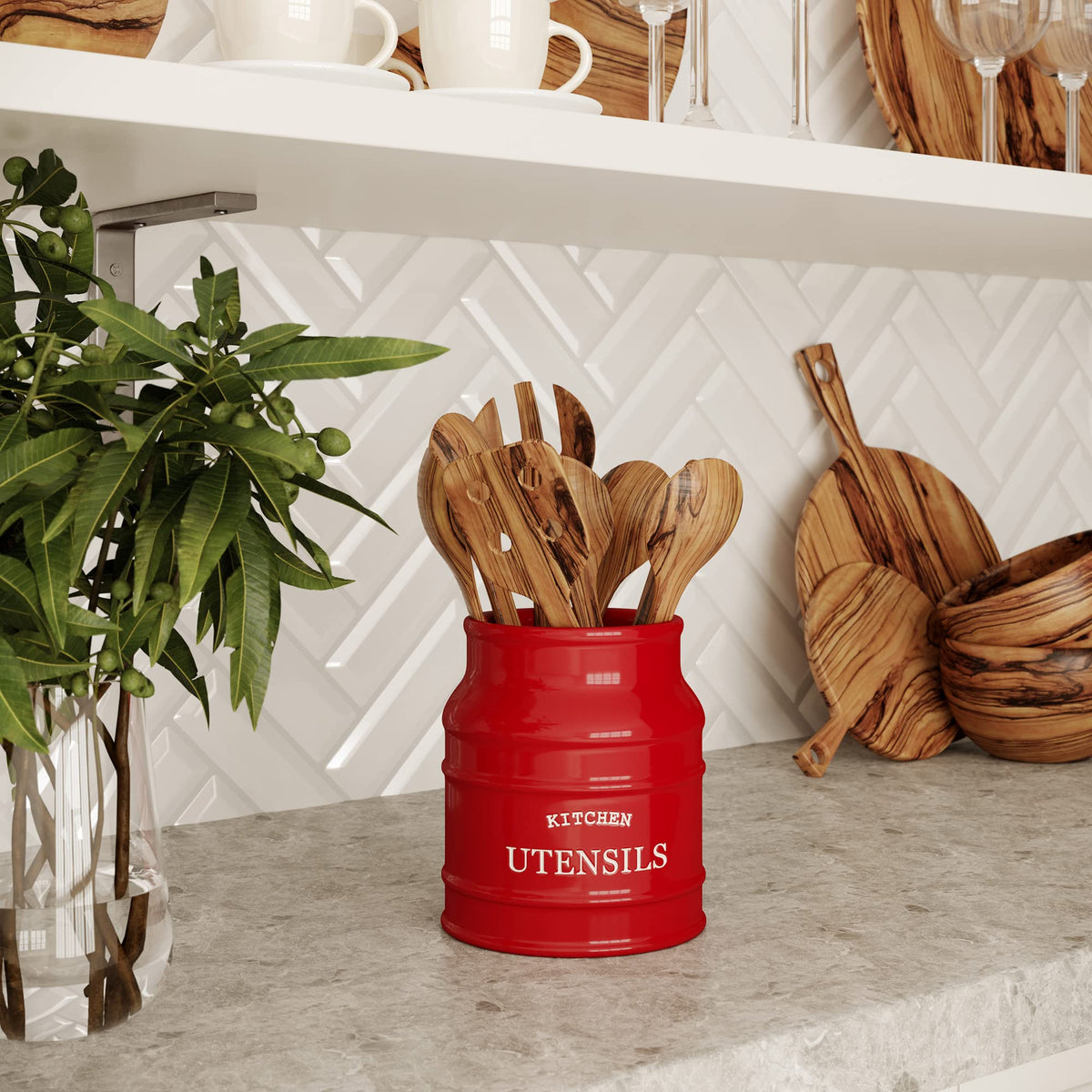 Barnyard Designs utensil holder suited for daily kitchen tools.