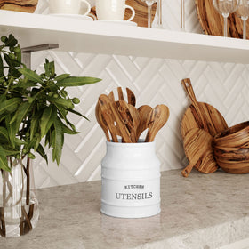 Barnyard Designs white ceramic utensil holder top view with compact footprint
