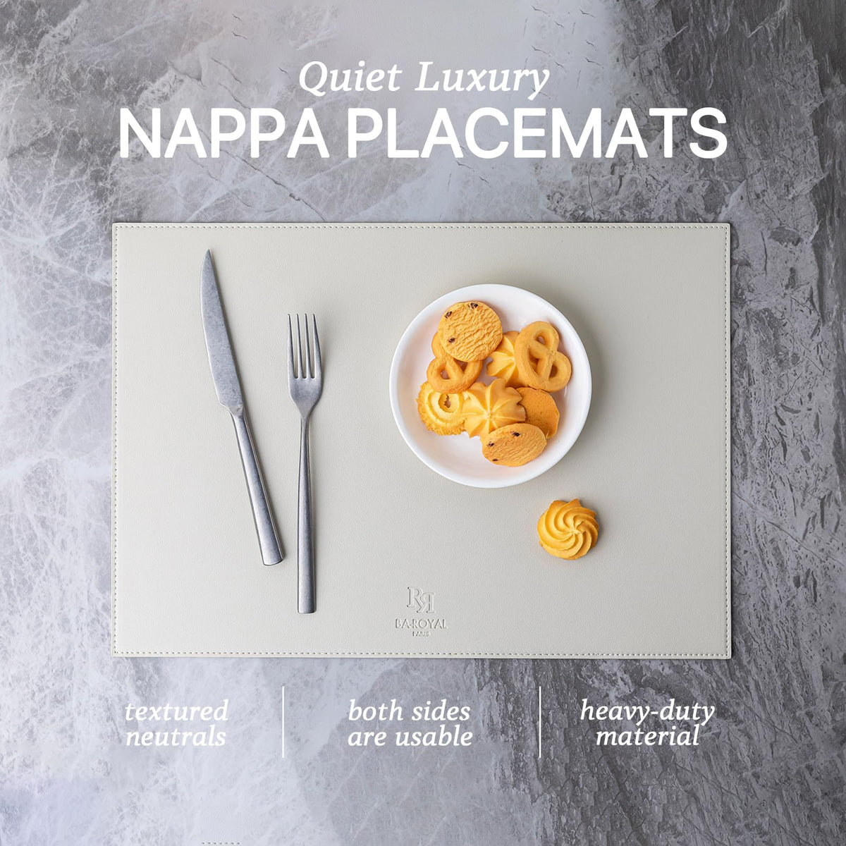 BARoyal faux leather placemats cream white table setup demonstrates stylish protection for daily meals.