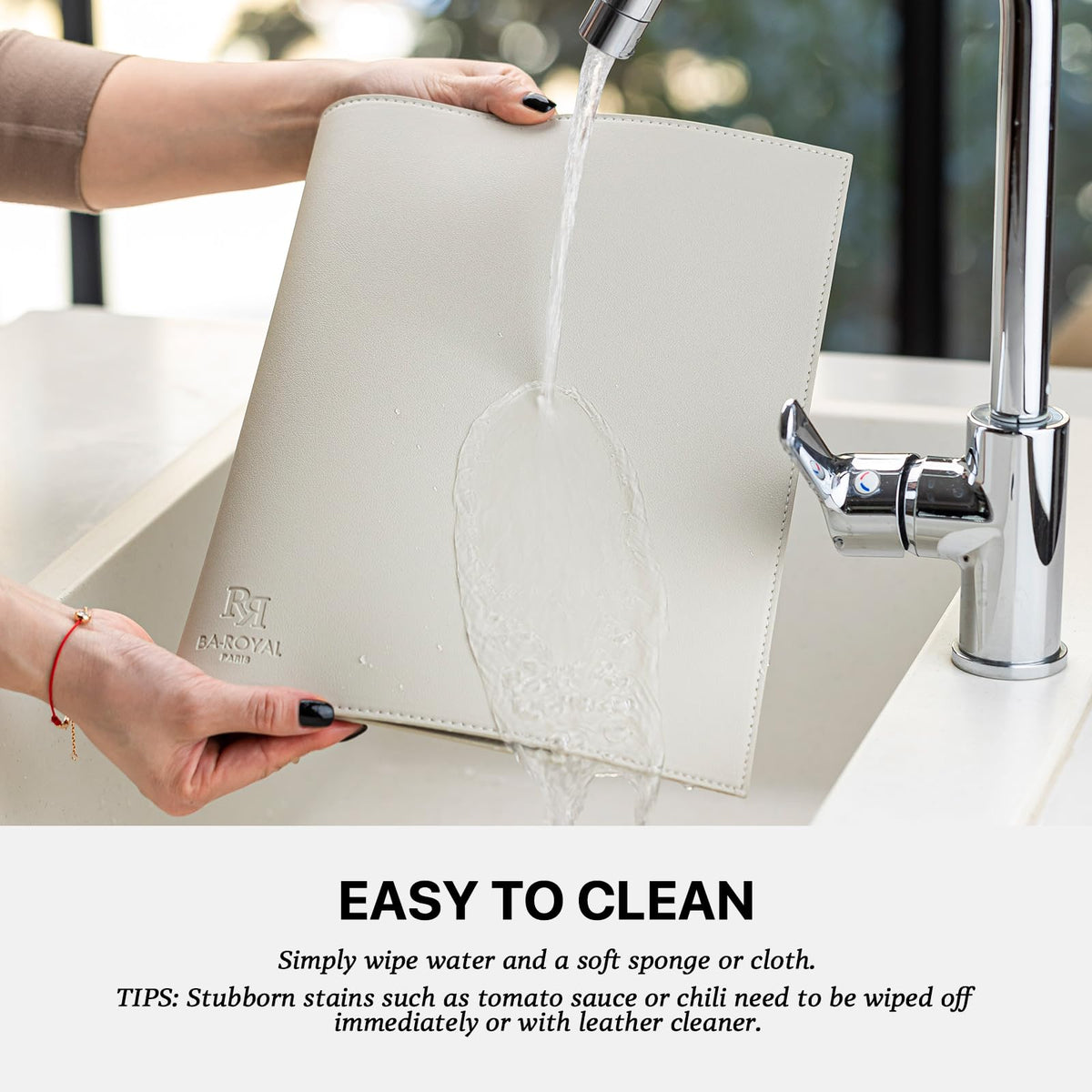 BARoyal placemats waterproof cream white cleanup emphasizes easy wipe-down maintenance.