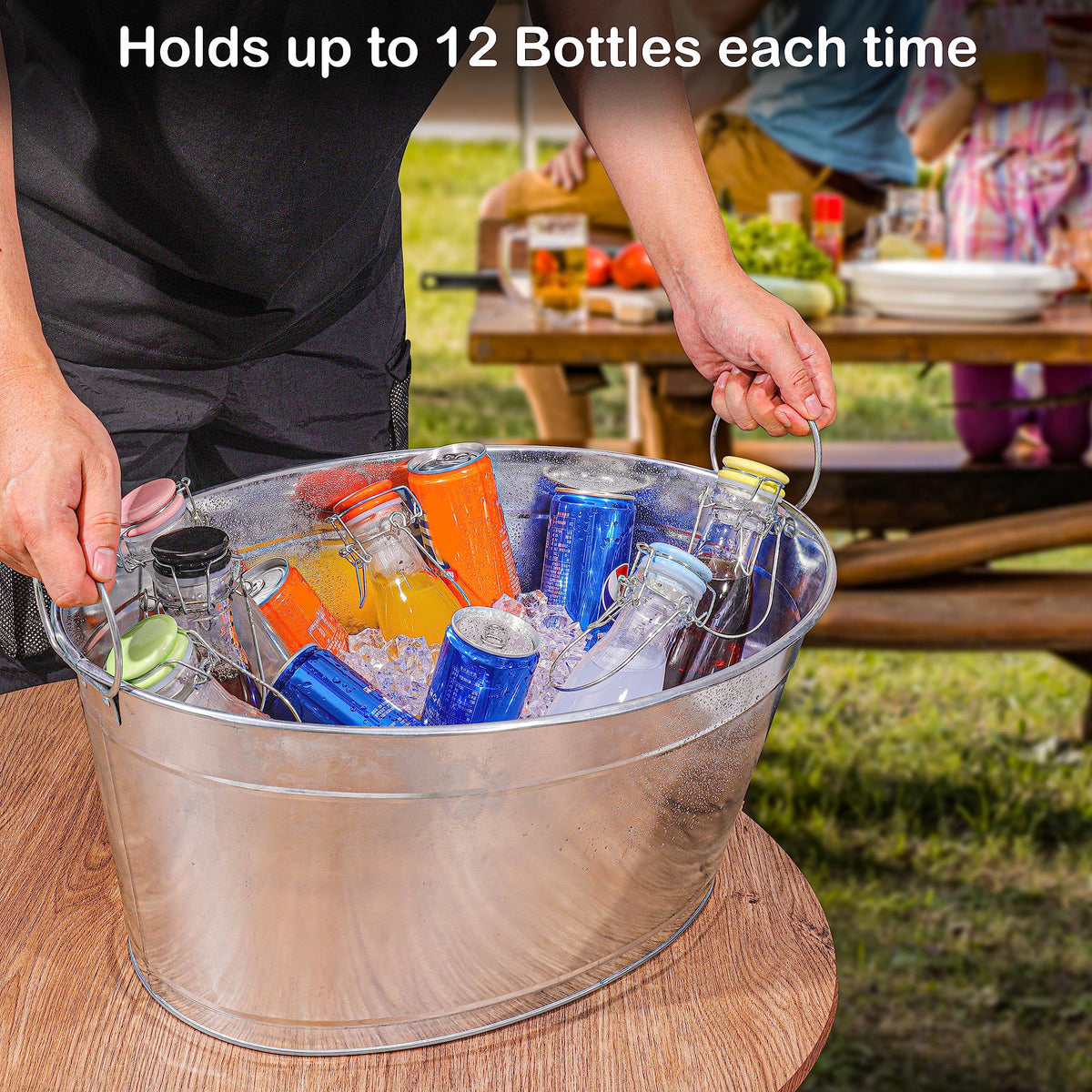 BARsics 6-gallon tub holding drinks and snacks at poolside.