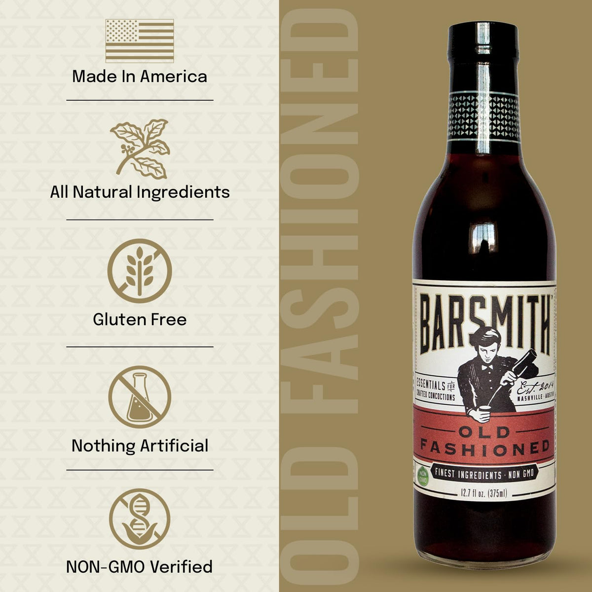 Barsmith Old Fashioned Mix bottle label closeup highlighting packaging