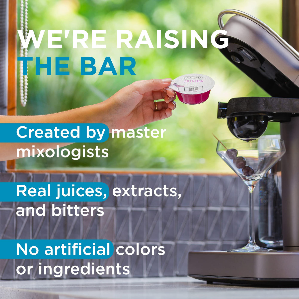 Bartesian capsules showing real juice concentrates and bitters for bold flavors