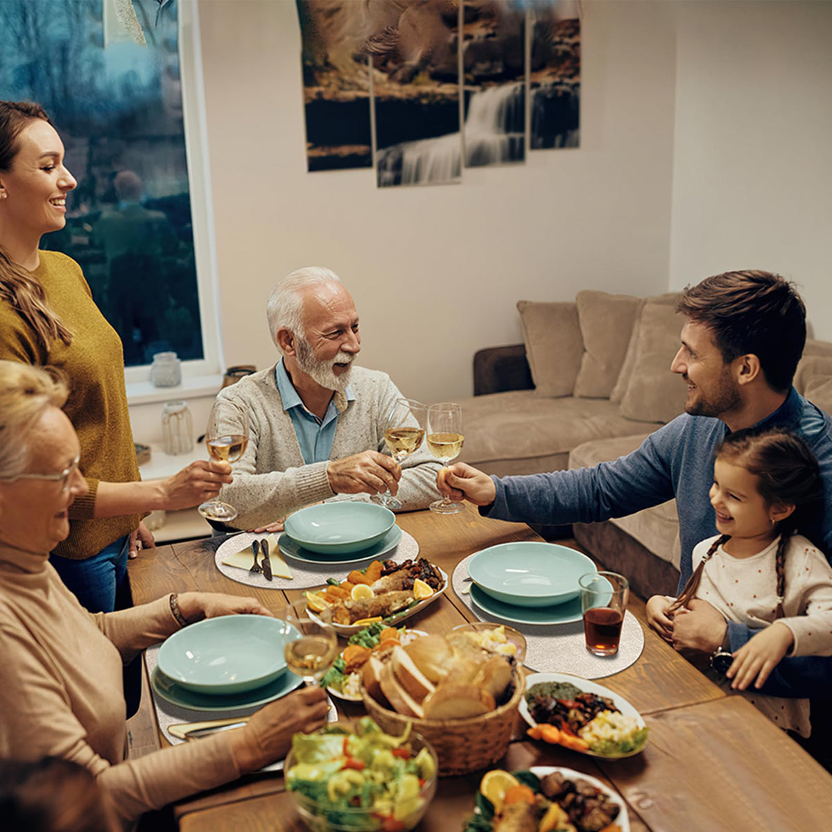 BARTHKIT beige placemats retain color and resist spills with daily use.