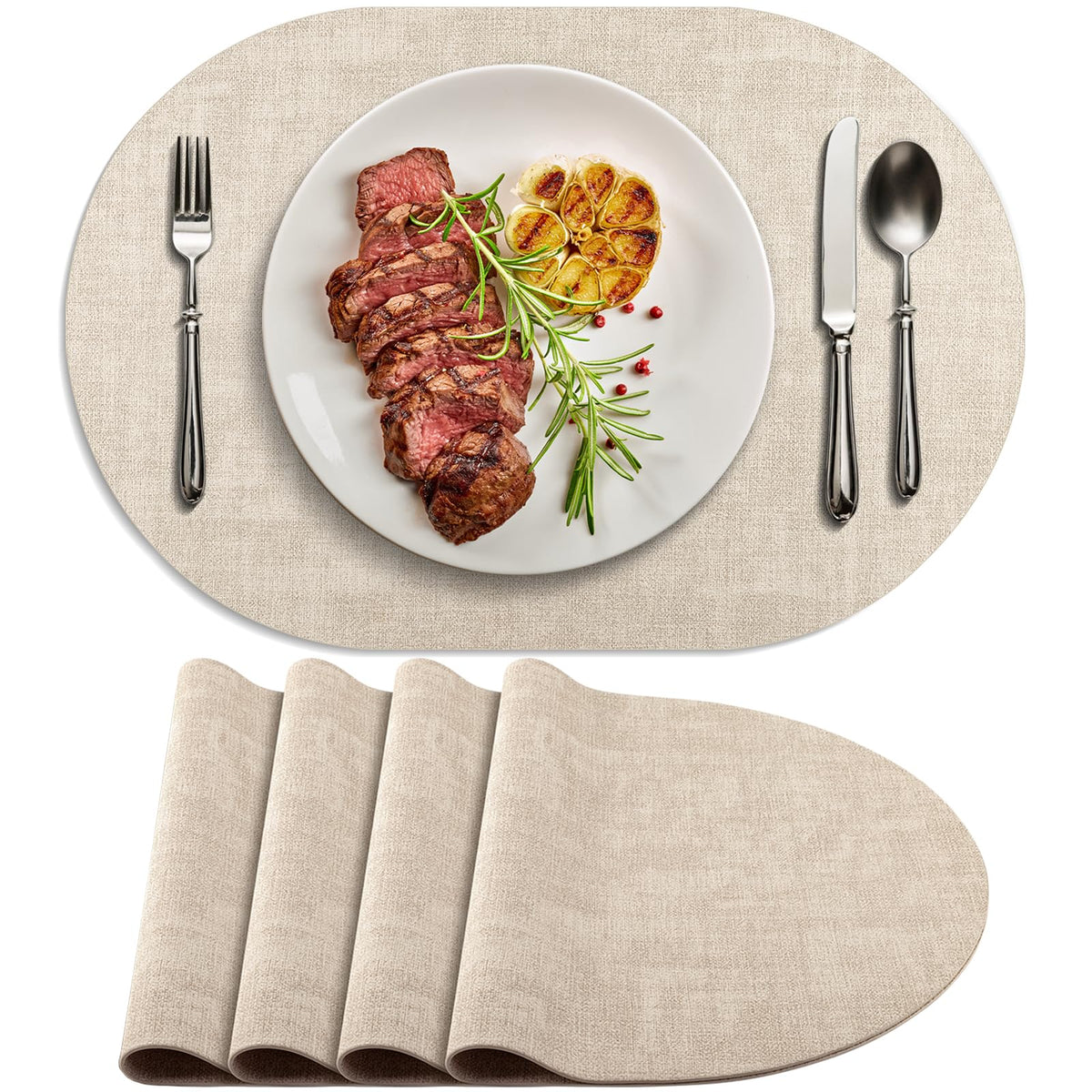 BARTHKIT placemats beige oval set for elegant dining and surface protection.