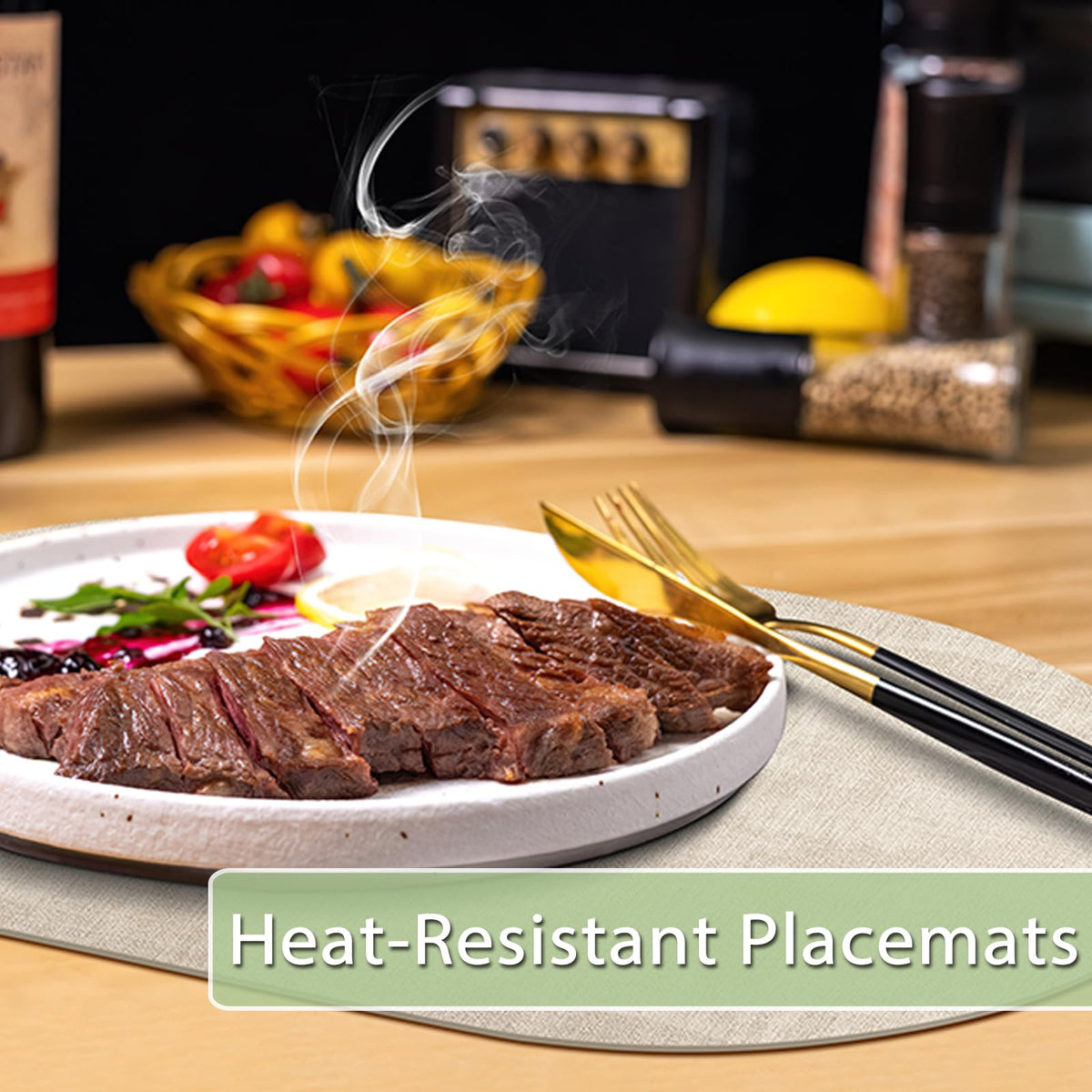 BARTHKIT placemats—oval leather heat-resistant design guards tabletops from hot pots.