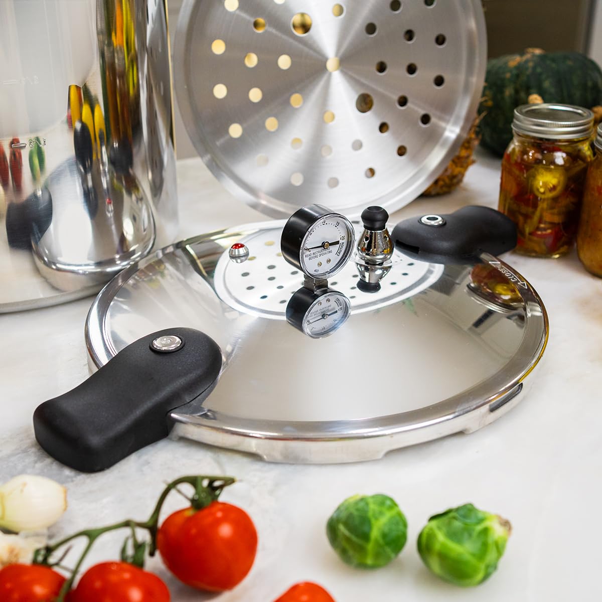 Barton's dial gauge closeup emphasizes precise processing pressures for safe canning.
