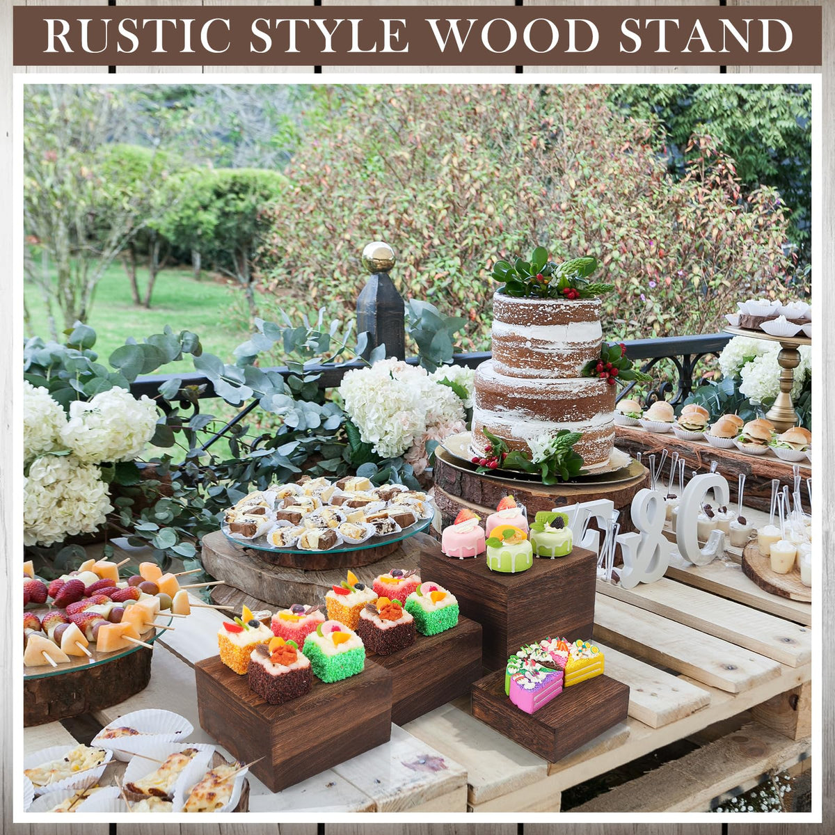 Barydat burnt wood dessert display elevates dessert towers on buffets and tables.